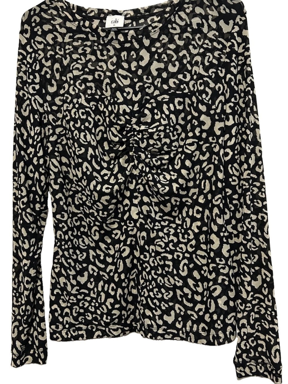 CAbi Top M Leopard Print Stretch Knit Nylon Mesh Ruched Bust Shirt Blouse Y2K
